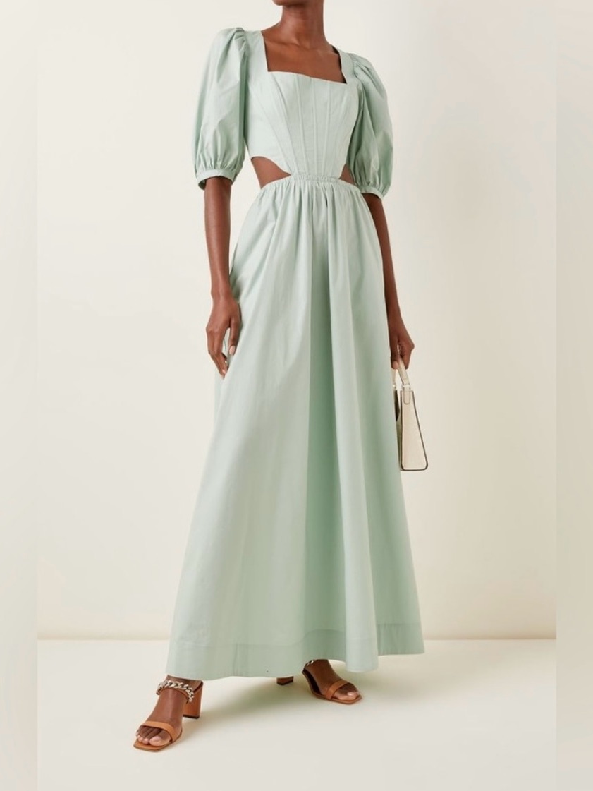 Nwt Staud Puff-Sleeve Cutout Corset Maxi Dress In Mint Green